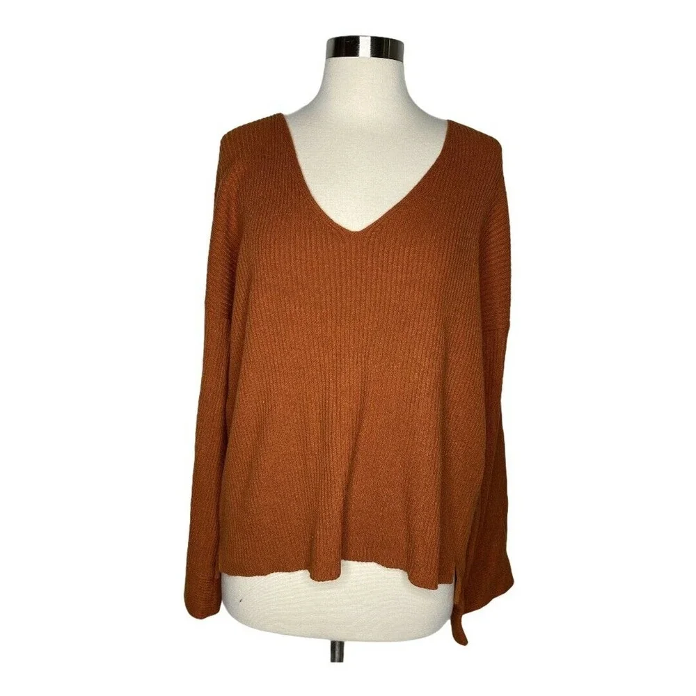 Free Press V-Neck Ribbed Sweater Rust Umber - Picture 3 of 4